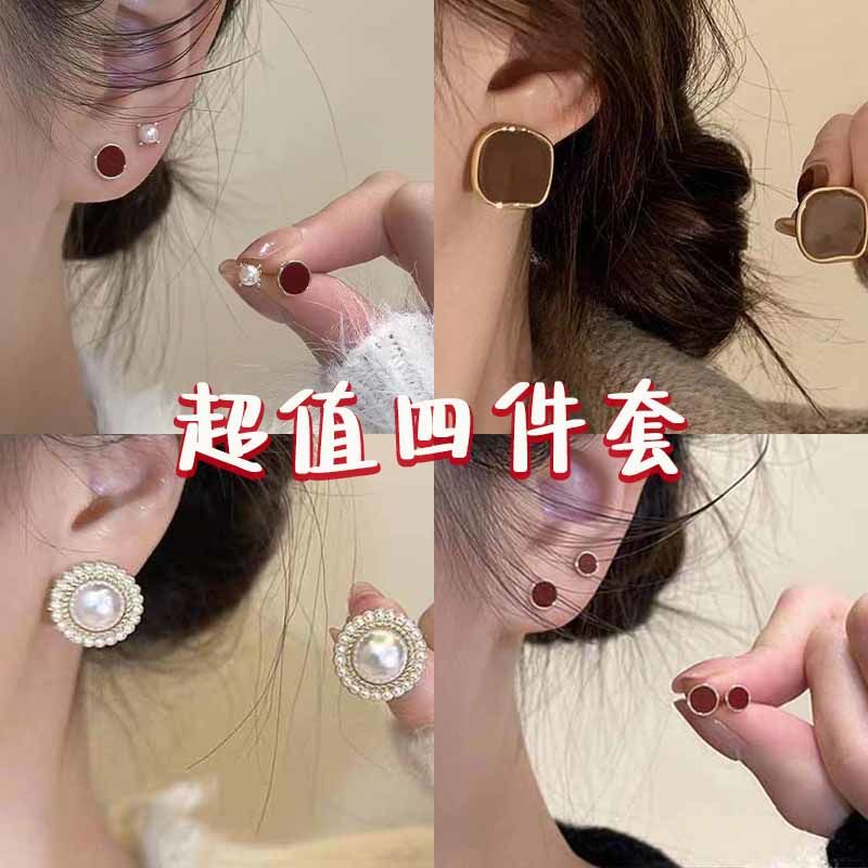 复古红色圆形耳钉小众设计耳环高级简约百搭耳饰