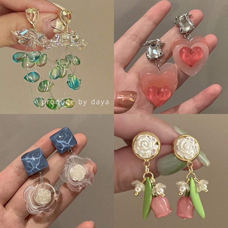 铜合金耳饰 超仙法式绿色复古水晶流苏花朵耳环高级感小众设计
