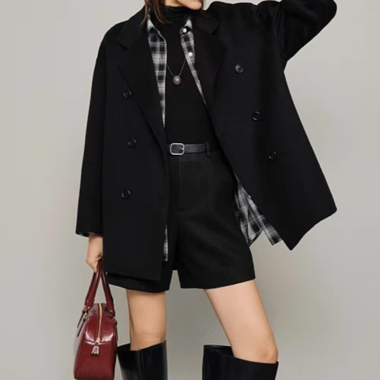 【衣格丽】2025新款短款羊毛羊驼毛大衣秋冬装经典大码显瘦双排扣