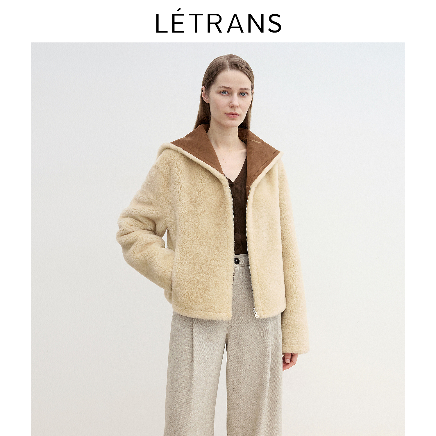 【元一Letrans 】流转沙丘撞色海军领短款羊剪绒仿皮毛一体皮草外套