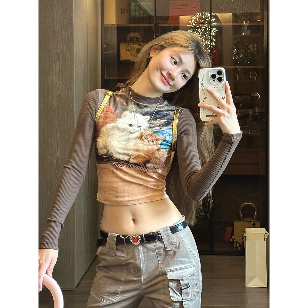 美式复古猫咪印花长袖辣妹T恤女秋季新款圆领修身显瘦打底衫上衣