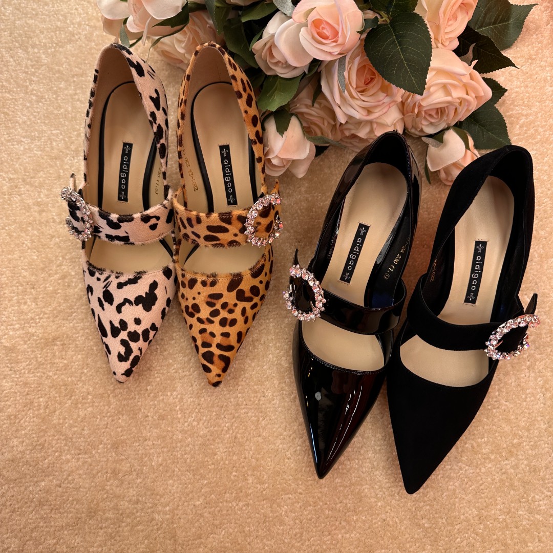 【Yi fashion】高级感豹纹钻扣一字带高跟鞋 2201-2A