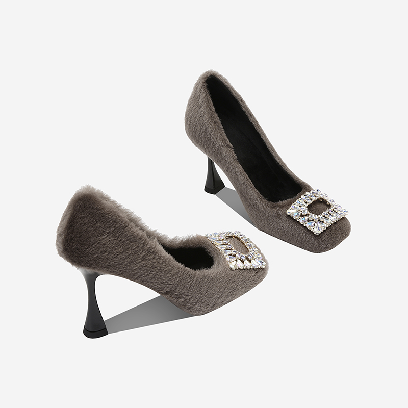 方头浅口高跟鞋2025秋冬季水钻百搭细跟黑色法式细高跟时尚毛毛鞋