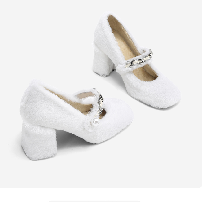 粗跟加绒玛丽珍鞋女2023秋冬低跟气质方头时尚百搭高跟黑色毛毛鞋