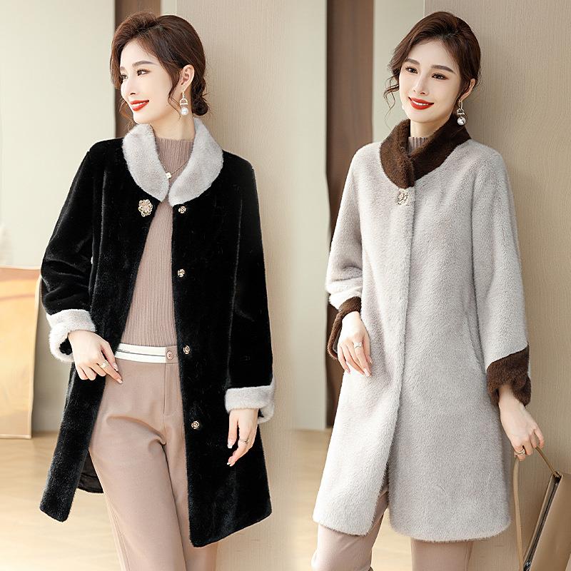 年轻妈妈水仿貂绒中长款外套新款洋气中老年女秋冬皮毛一体大衣