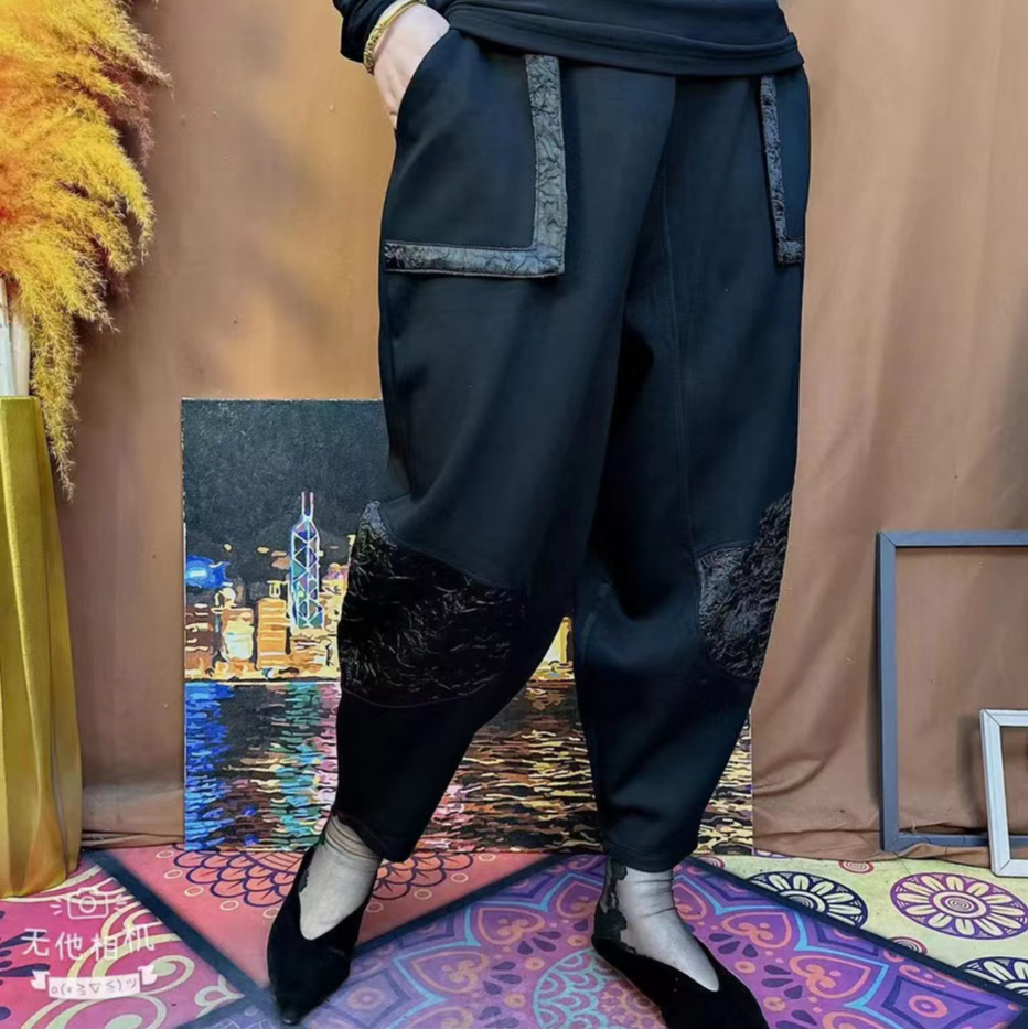 新款时尚潮流休闲宽松女士拼接烟管裤