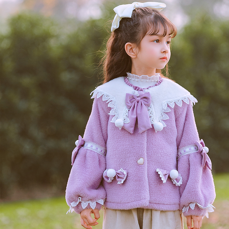 枝芽童装2024冬季新款小女童保暖外套儿童女宝宝洋气翻领紫色上衣
