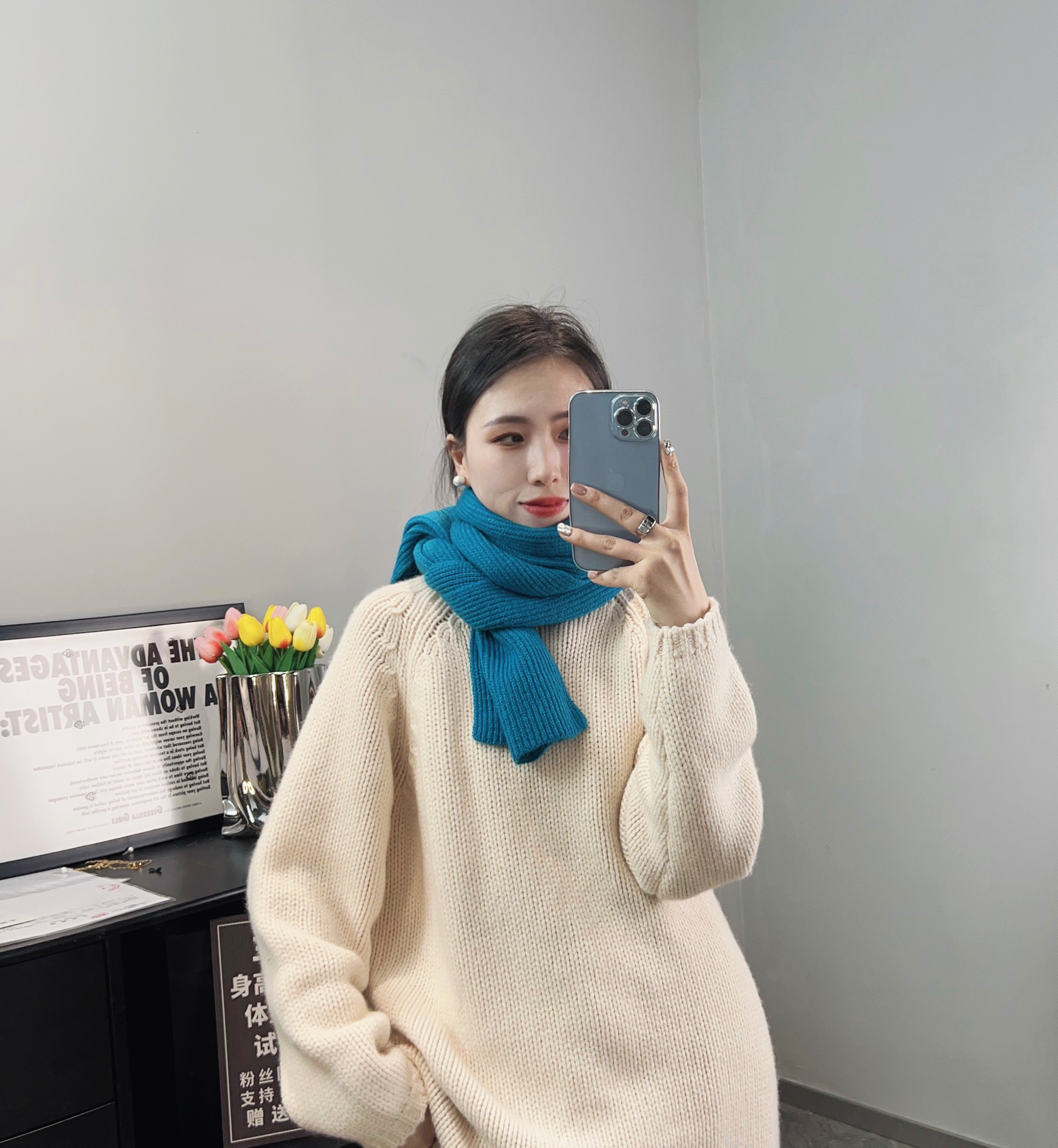 相菲一100绵羊毛纯色针织保暖围巾韩版加长百搭秋冬围巾