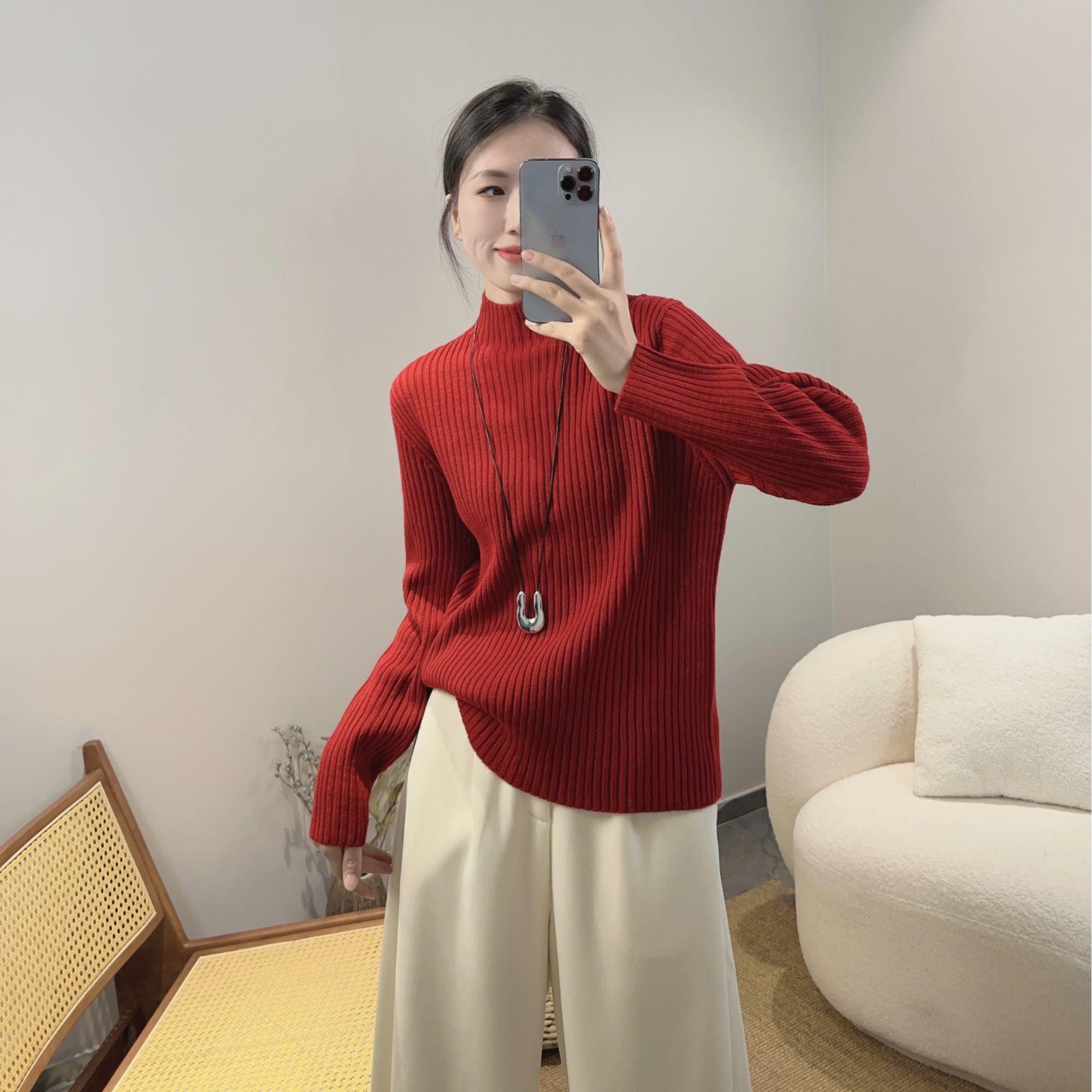 相菲一 秋冬新款可机洗一线成衣半高领坑条时尚针织打底衫女