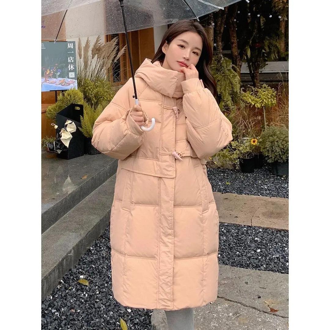波士顿反季2023新款羽绒服女韩版宽松小众牛角扣中长款过膝连帽加