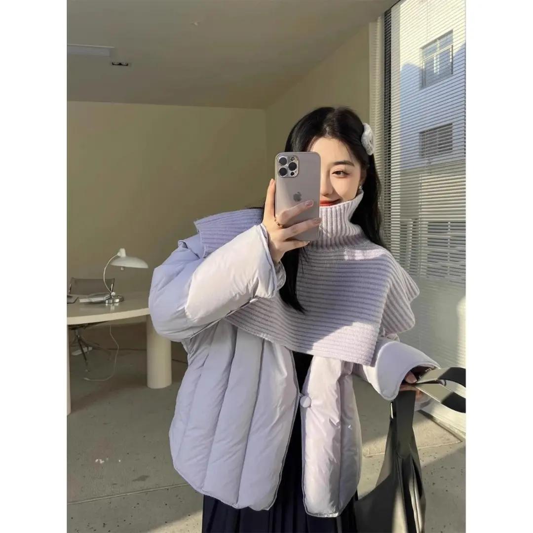 波士顿温柔风甜美纯白加厚针织披肩可爱羽绒服女冬季设计感时尚羽