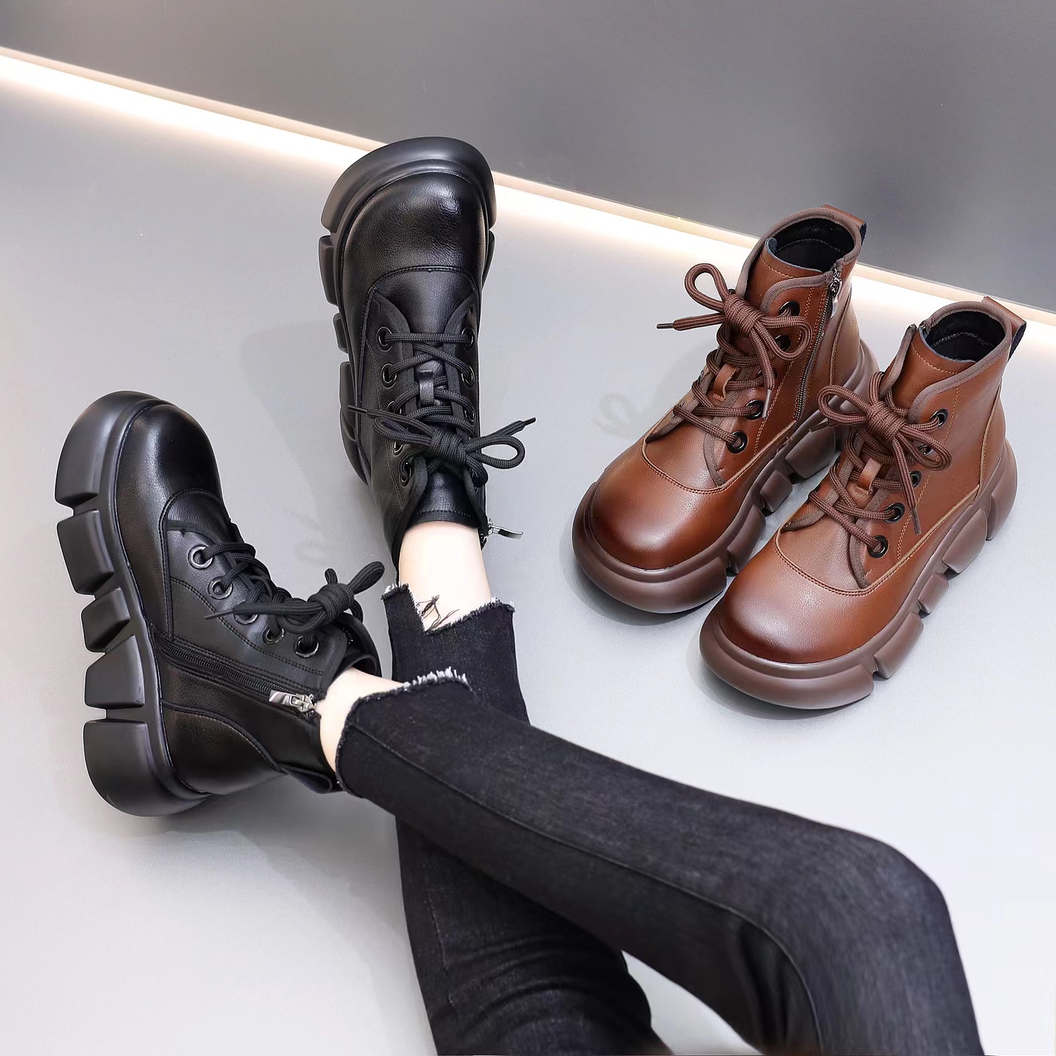 2024早秋冬款厚底复古马丁靴圆头系带时尚百搭短靴休闲单靴松糕底