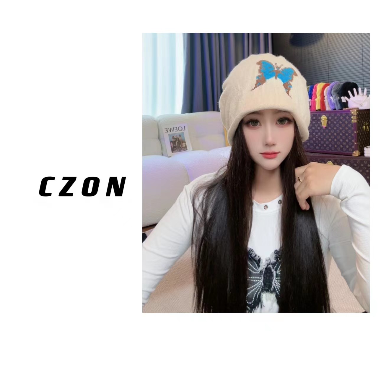 【CZON】Y2K辣妹风秋冬减龄时尚针织蝴蝶堆堆帽包头帽-021