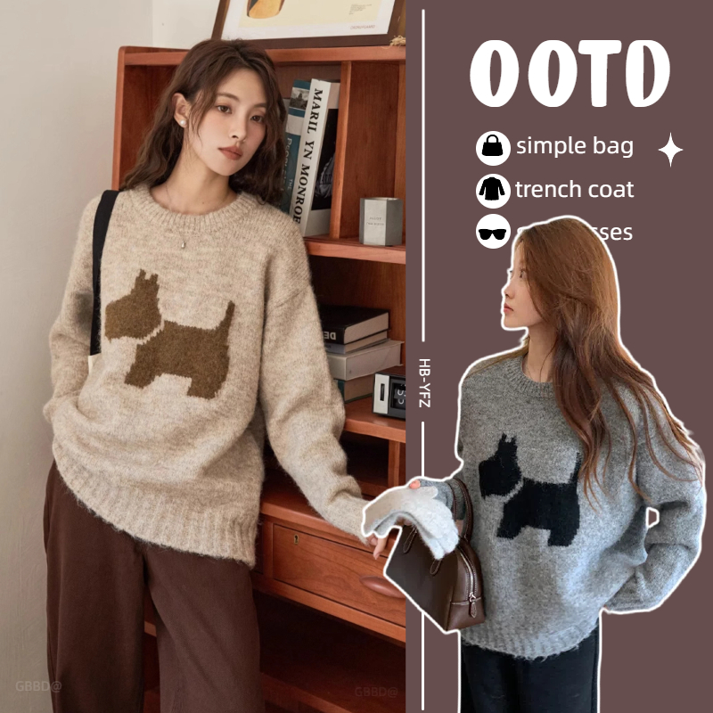 2026孕妇装复古圆领套头毛衣秋冬季新款慵懒风宽松针织衫上衣小狗