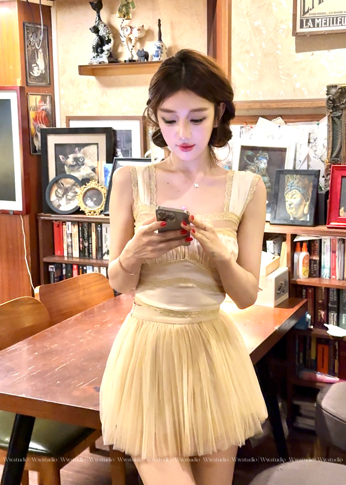 WW定制「幻境迷雾」法式气质轻奢时尚显瘦性感收腰修身皮衣纱裙套装