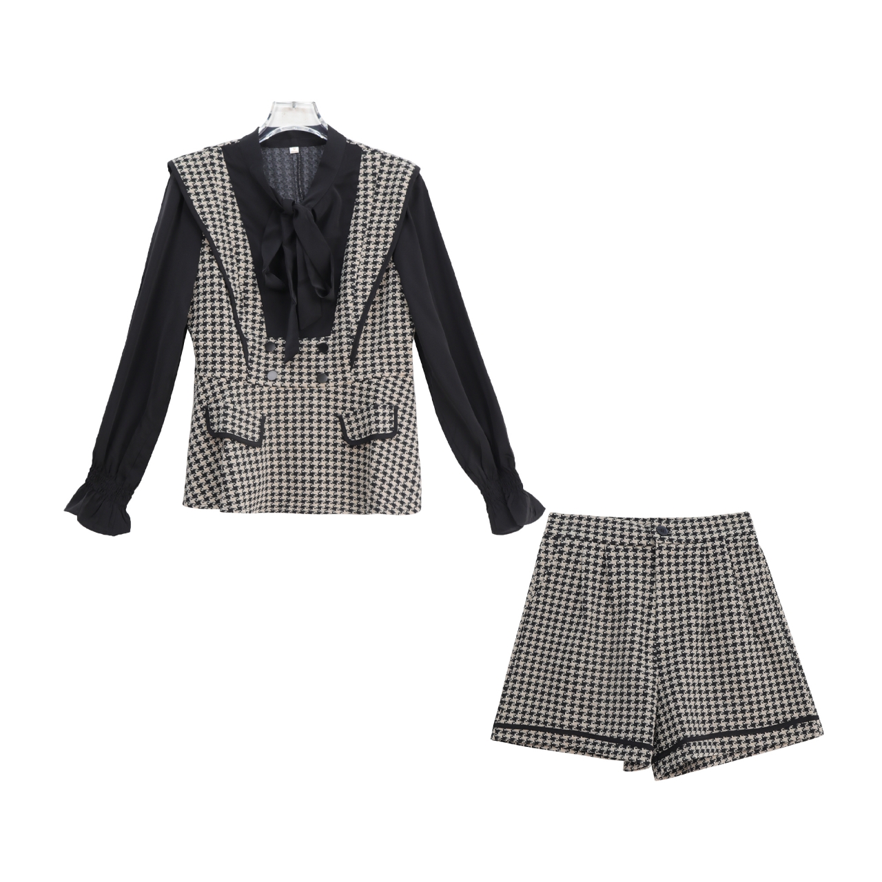 新款时尚气质收腰显瘦千鸟格拼接套装S3228