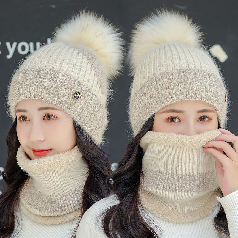 新款秋冬季帽子女围脖保暖护耳加绒兔毛防风寒针织韩版百搭毛线帽
