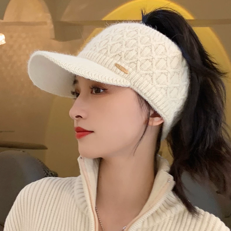 无顶帽子女秋冬空顶毛线鸭舌帽时尚百搭漏马尾户外加绒保暖针织帽