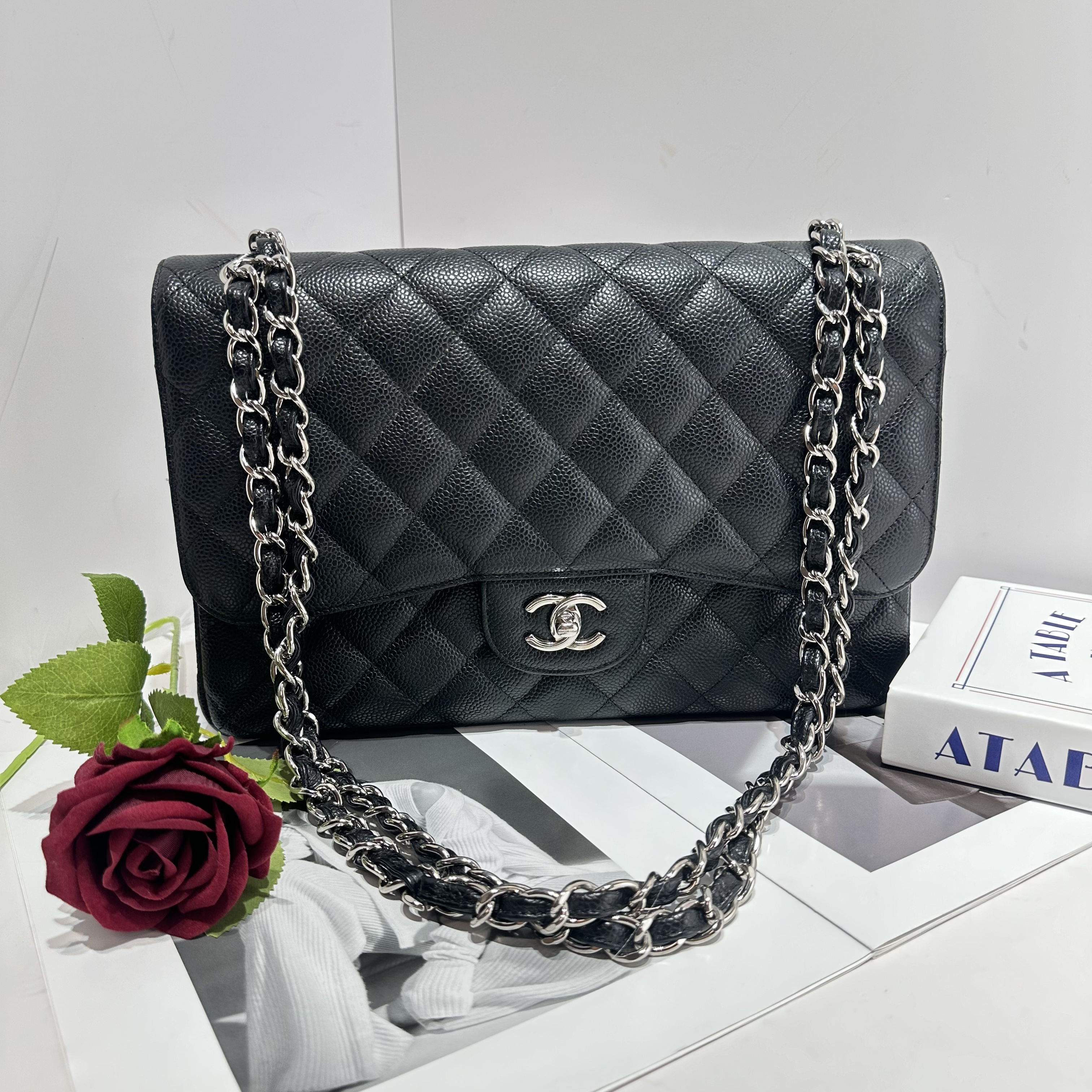95新 Chanel/香奈儿   珍甄 CF黑银荔枝牛单肩包 14开 50329