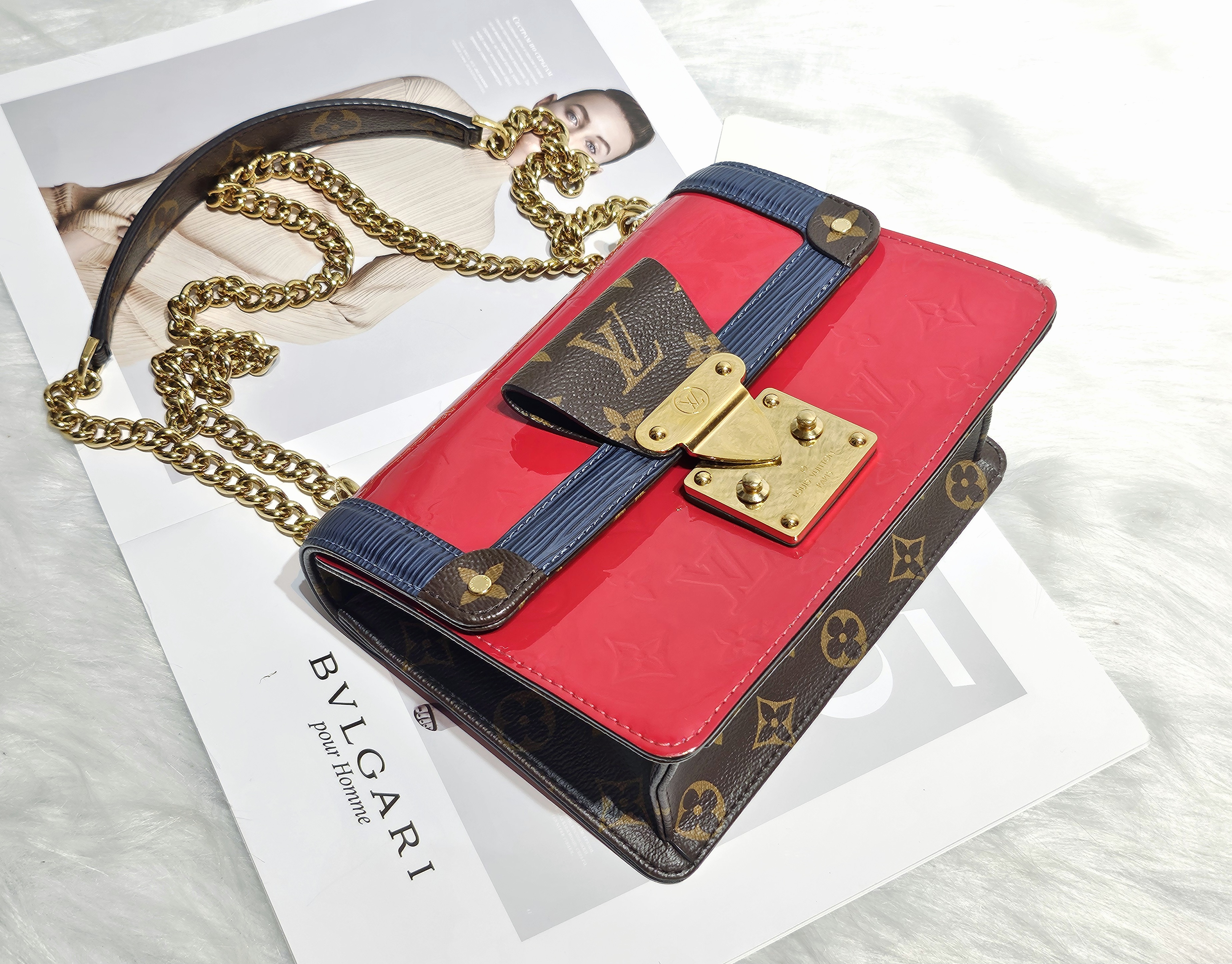 95新 LouisVuitton/路易威登 珍甄 漆皮老花拼色斜挎包19年 45674