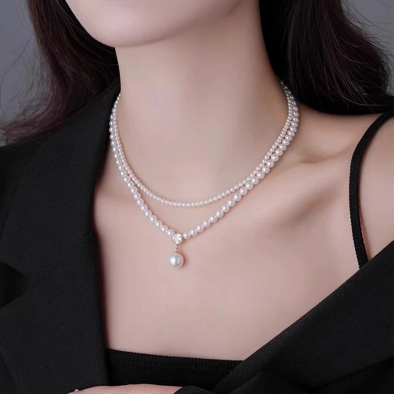 铜合金项链 法式双层叠戴仿珍珠项链女秋冬小众设计感气质毛衣链 