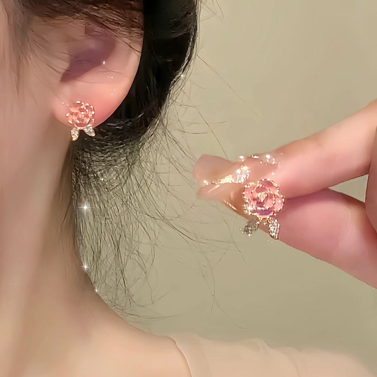 铜合金耳饰 小众粉色花朵耳环女甜美小巧气质无耳洞耳夹少女耳饰~