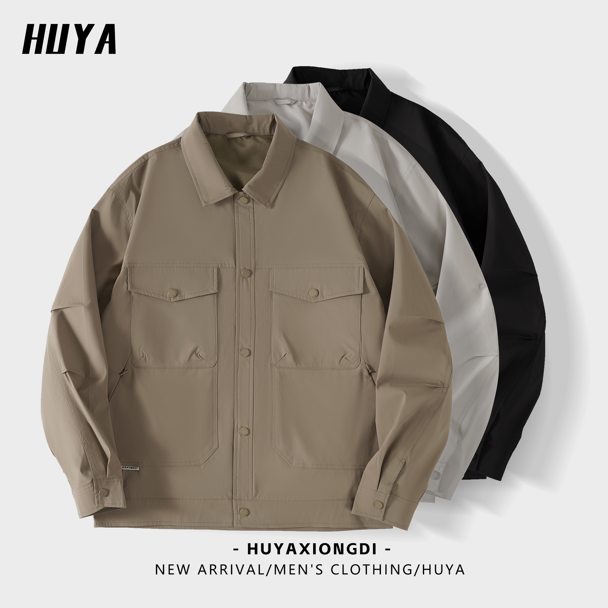 HUYA美式复古外套男秋季新款纯色字母宽松翻领大口袋夹克衫LT9911