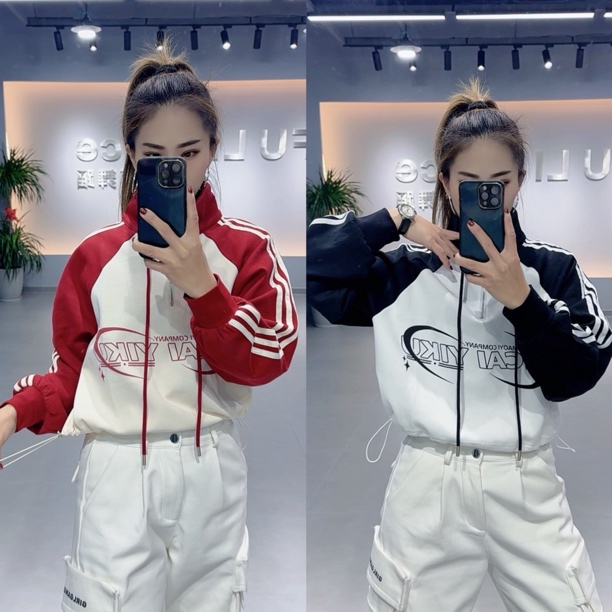 XL新款725款立领印花套头拉链条纹下摆抽绳卫衣