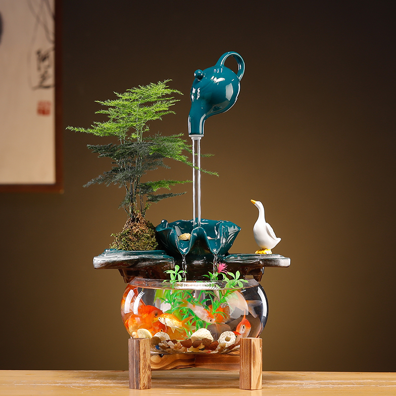 创意流水加湿器陶瓷小型玻璃鱼缸喷泉办公室桌面玄关客厅家居摆件