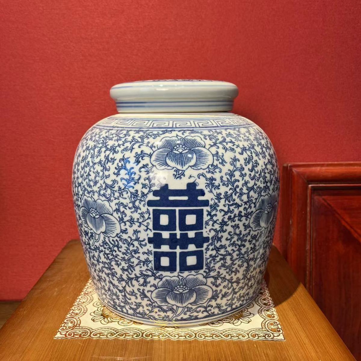 景德镇手绘喜字罐老货摆件茶室复古储物罐插花复古花瓶结婚喜坛子
