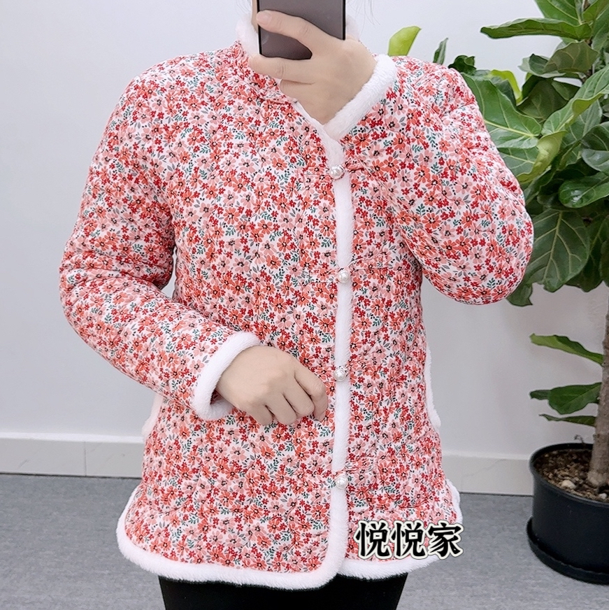 新款小菊花白毛边棉袄棉服