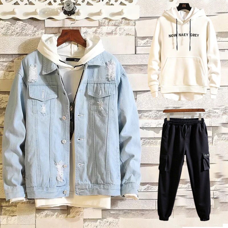 新款春秋季牛仔套装男韩版修身青年外套休闲夹克衣服束脚工装裤子