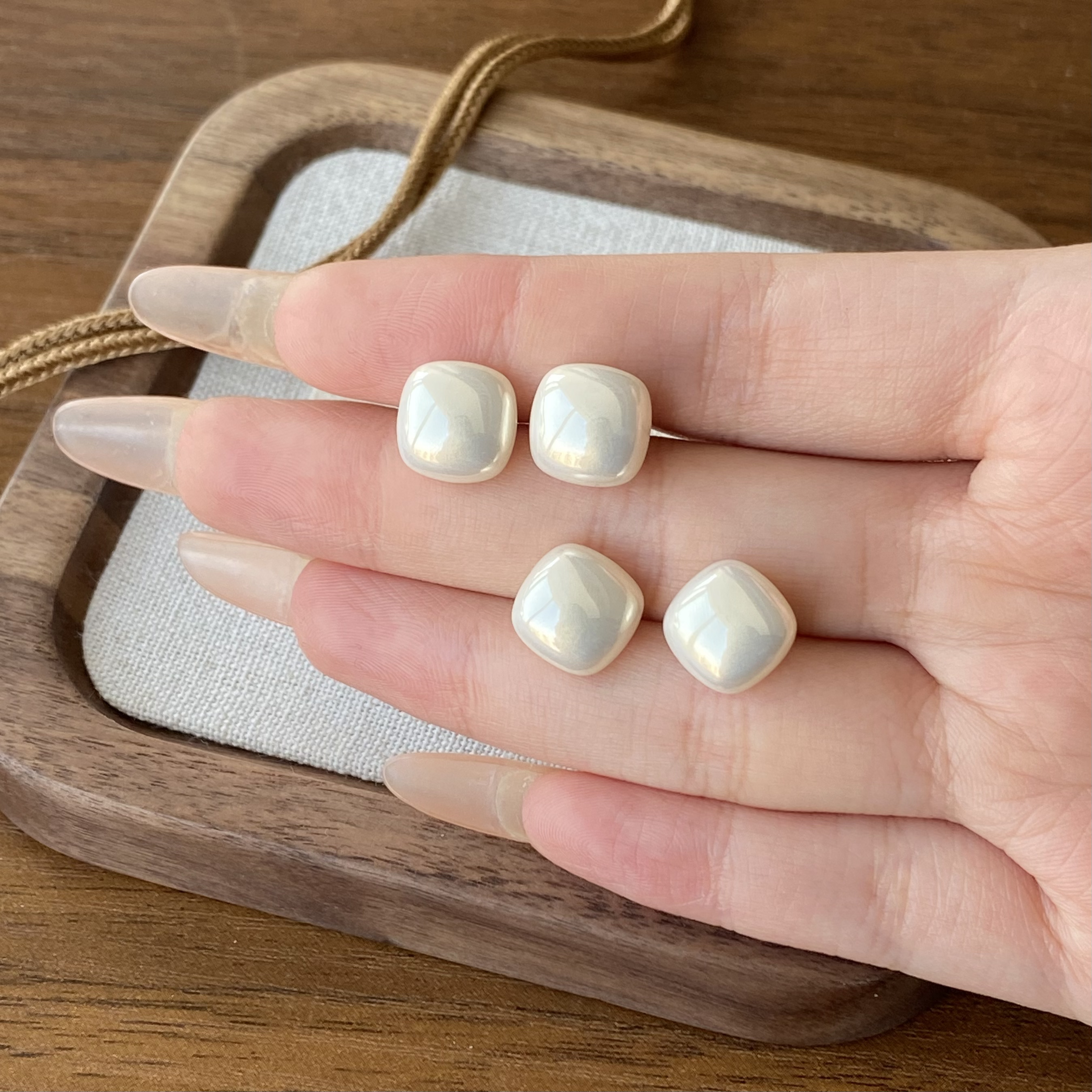 925银耳饰 小方糖方形珠珠耳钉小众轻奢气质耳钉耳环