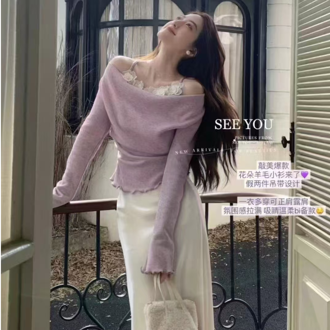 晨晞韩版立体花朵荡领斜肩露肩针织衫女秋冬季一字肩打底长袖毛衣