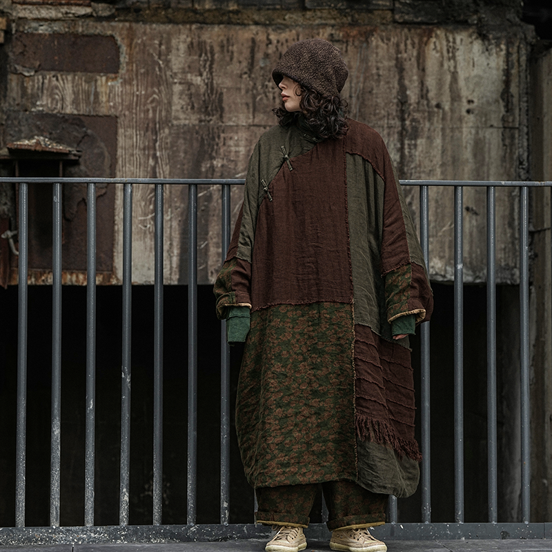 麻依者24冬款长款复古做旧拼色花感文艺加厚棉袍#M-018