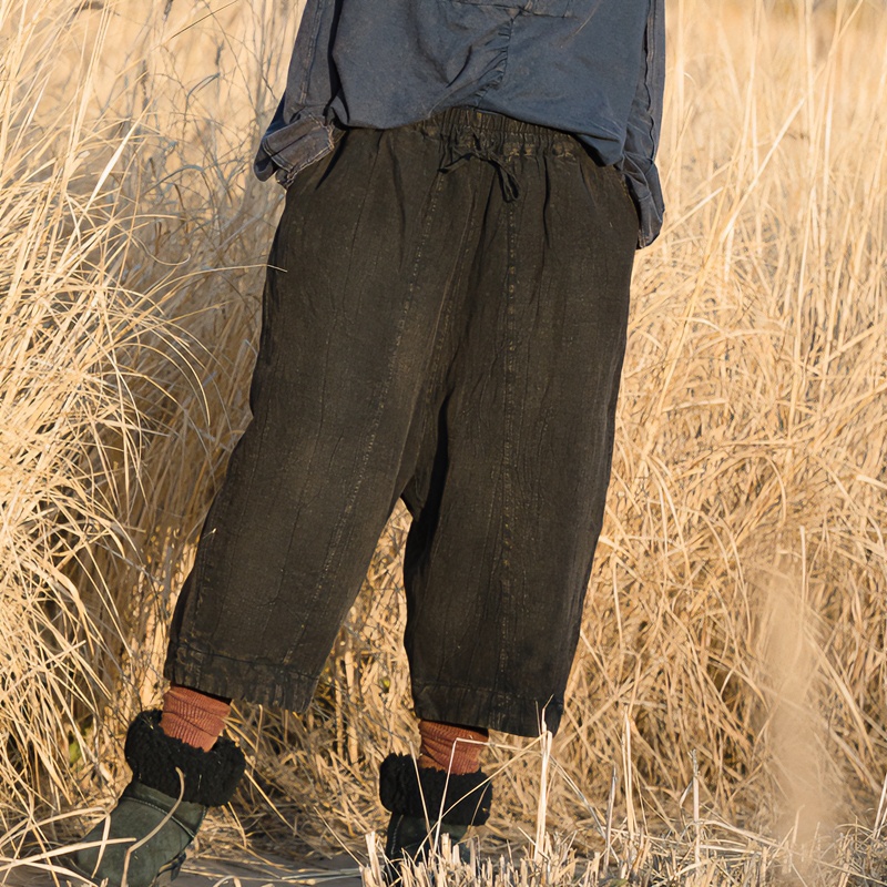 麻依者24冬季亚麻植物染松紧腰系带夹棉加厚阔腿棉裤909宽松
