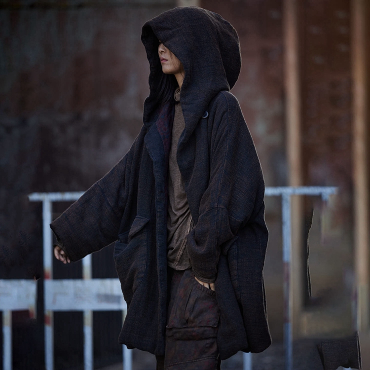 麻依者24冬季亚麻夹棉加厚连帽棉衣休闲中长款保暖百搭外套1165