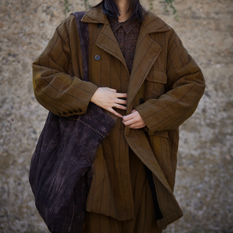 麻依者24冬季亚麻中长款棉服夹棉加厚竖条纹西装领棉衣1151宽松