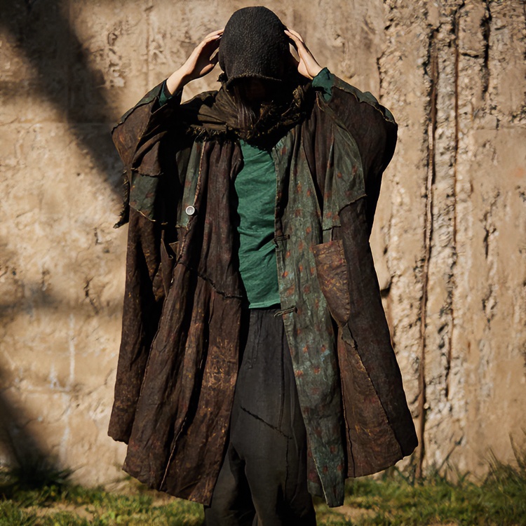 麻依者24冬季亚麻夹棉加厚棉衣印花拼接盘扣大袍子复古新中式1172