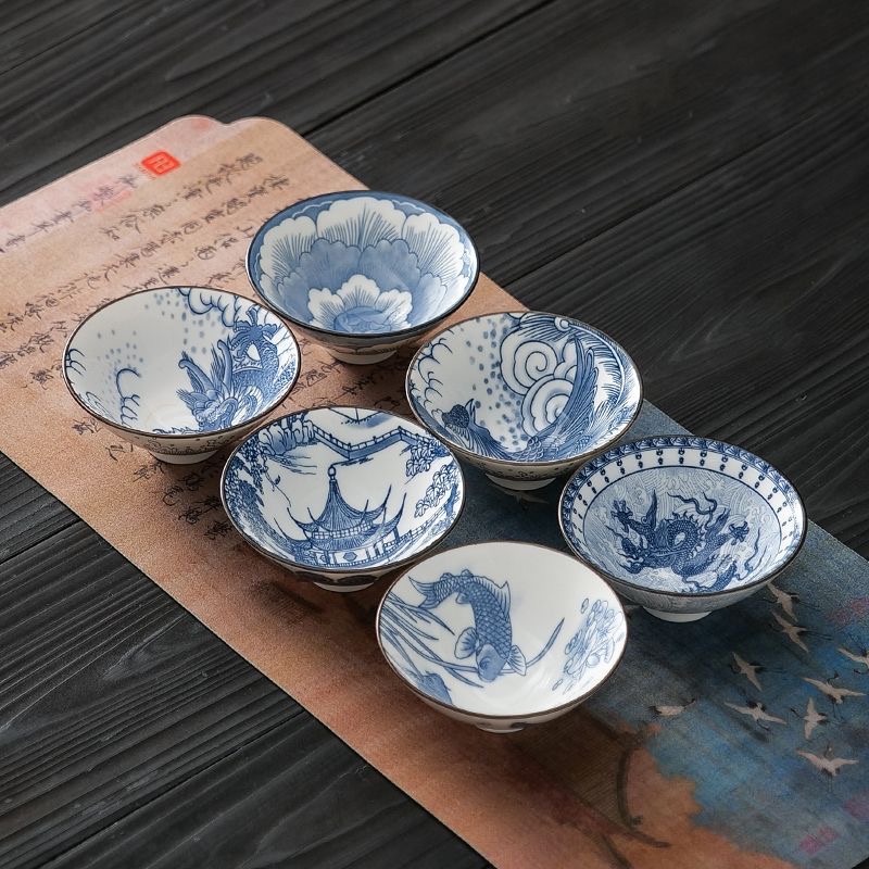 【宠粉补贴6个装】青花斗笠杯釉下彩茶杯主人杯整套陶瓷家用品茗杯