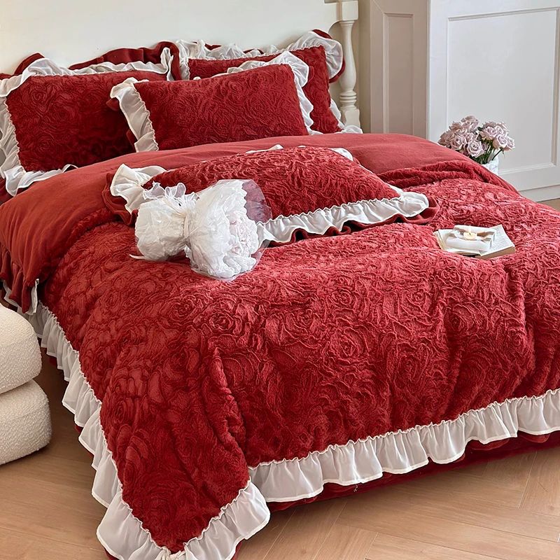 韩式兔兔绒酒红结婚四件套保暖冬季轻奢牛奶绒被套珊瑚绒陪嫁床品
