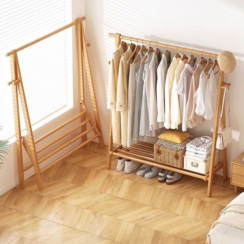 实木落地式挂衣架卧室衣帽架简约多功能可折叠家用衣架置物挂衣架