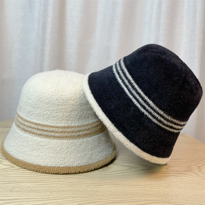 韩版秋冬新款帽子女仿貂毛条纹字母渔夫帽网红百搭冬季保暖盆帽潮