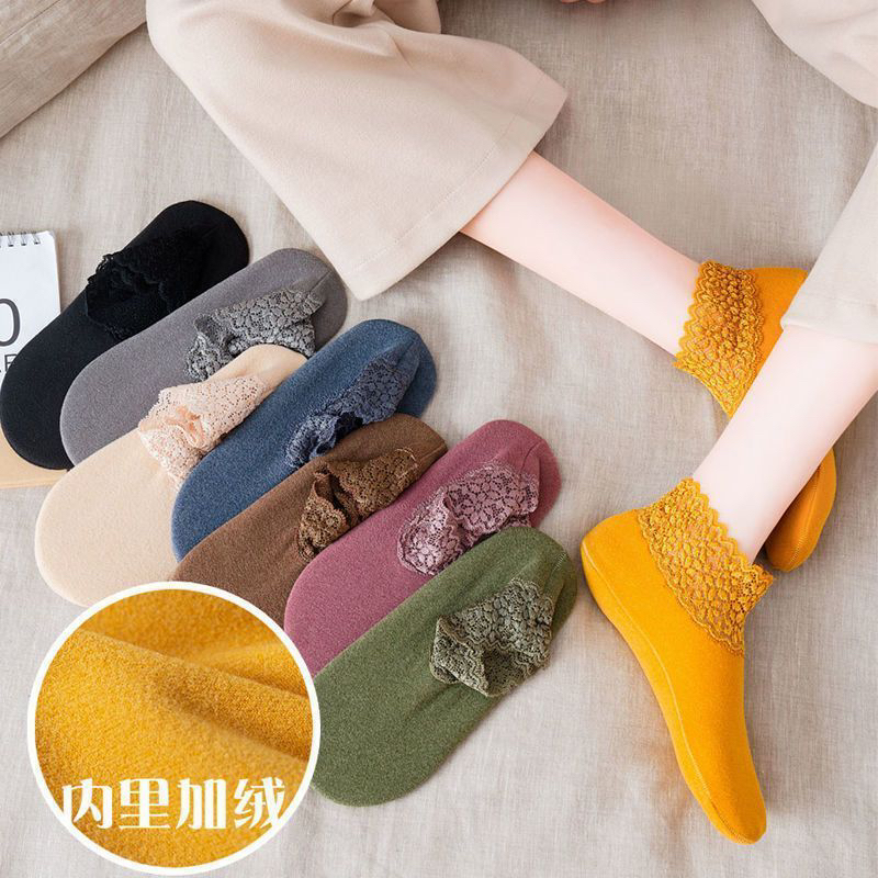 秋冬德绒袜子女加绒加厚百搭蕾丝花边短筒袜网红保暖地板袜女 