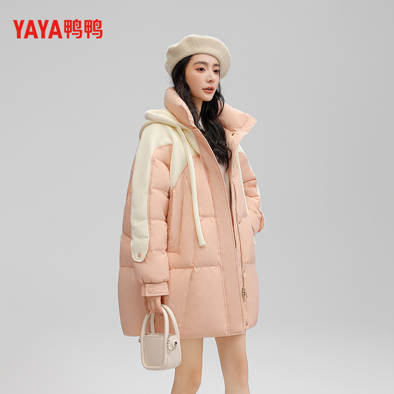 YAYA/鸭鸭时尚拼接羽绒服加厚韩版热力感连帽百搭羽绒服2301520