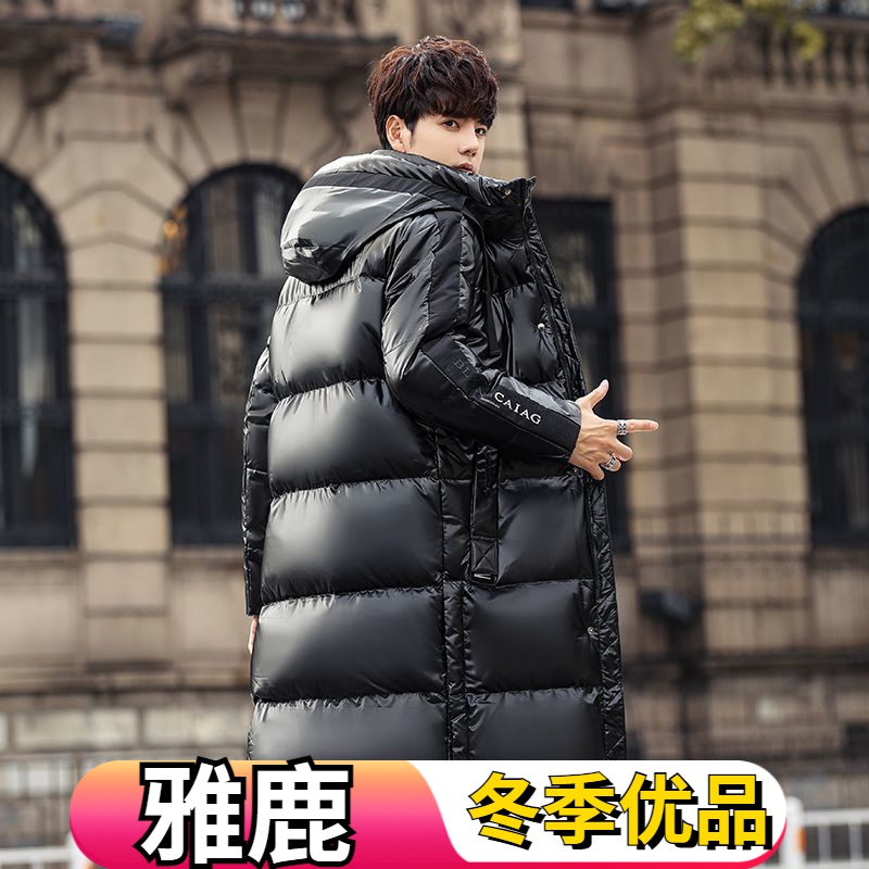 雅鹿亮面羽绒服男长款过膝加厚2023冬季新款白鸭绒帅气情侣款潮牌