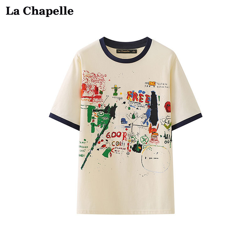 拉夏贝尔LaChapelle涂鸦卡通印花圆领短袖T恤女百搭纯棉上衣夏季