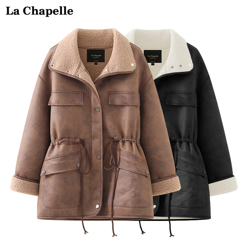 拉夏贝尔/La Chapelle翻领排扣抽绳双口袋皮毛一体女春季厚外套