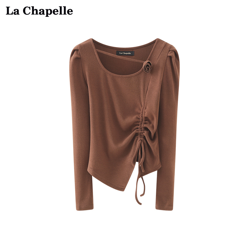 拉夏贝尔LaChapelle不规则抽绳修身泡泡袖圆领立体花朵针织衫女春