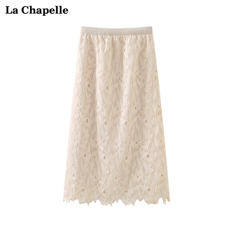 拉夏贝尔/La Chapelle松紧叶状蕾丝两面穿新款半身裙女通勤风长裙